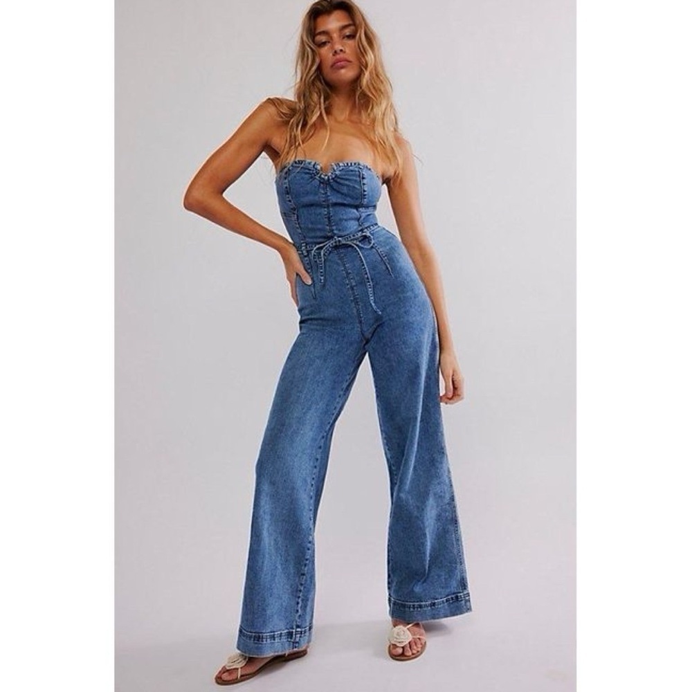 NWT Free People CRVY Femme Fatale Flare Denim Jumpsuit 10